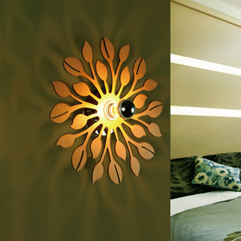 Wooden Floral Wall Lamp Sconce Simple Style 1 Head Beige Wall Lighting Fixture for Bedroom
