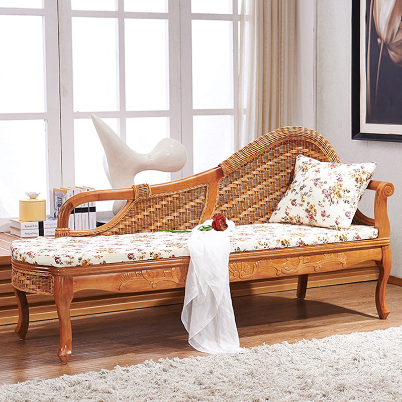 Traditional Rattan Chaise Lounge with Pillow and Arm Floral Lounge Chair for Living Room