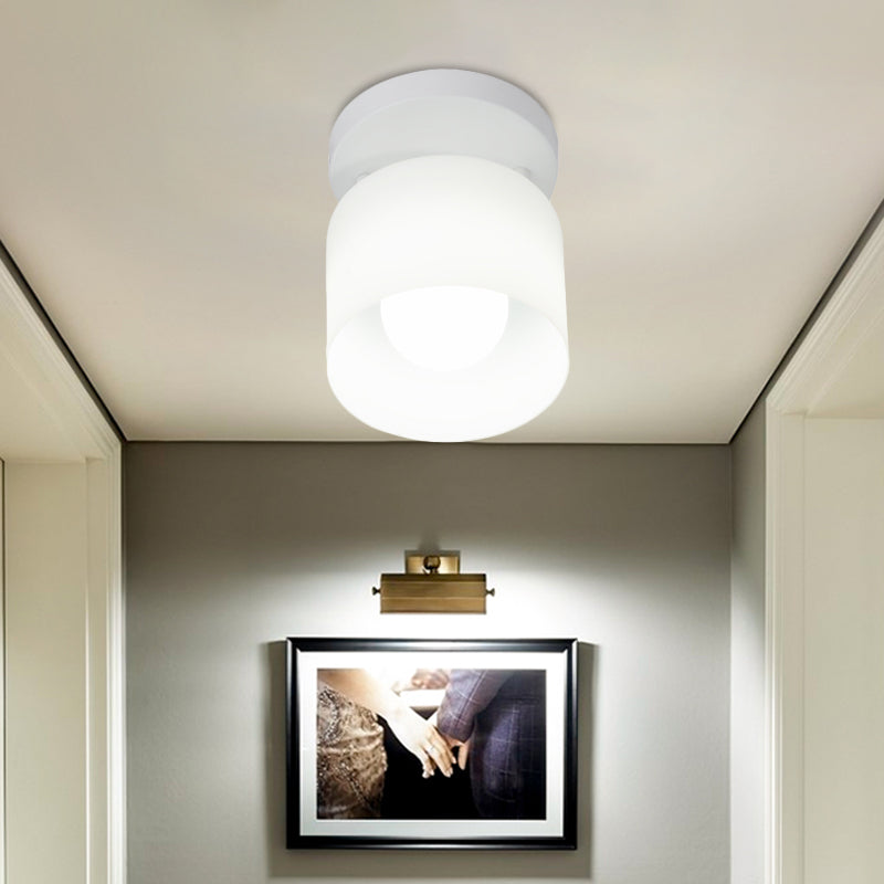 Cylinder Bedroom Flush Ceiling Lighting White Glass 1 Bulb Simple Flush Mounted Lamp