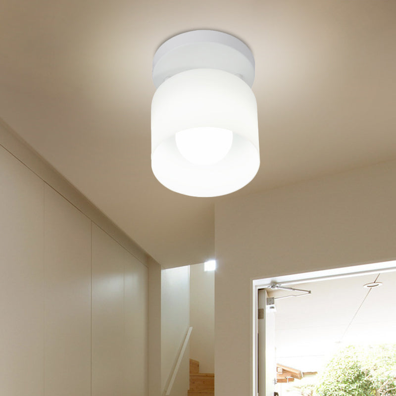 Cylinder Bedroom Flush Ceiling Lighting White Glass 1 Bulb Simple Flush Mounted Lamp