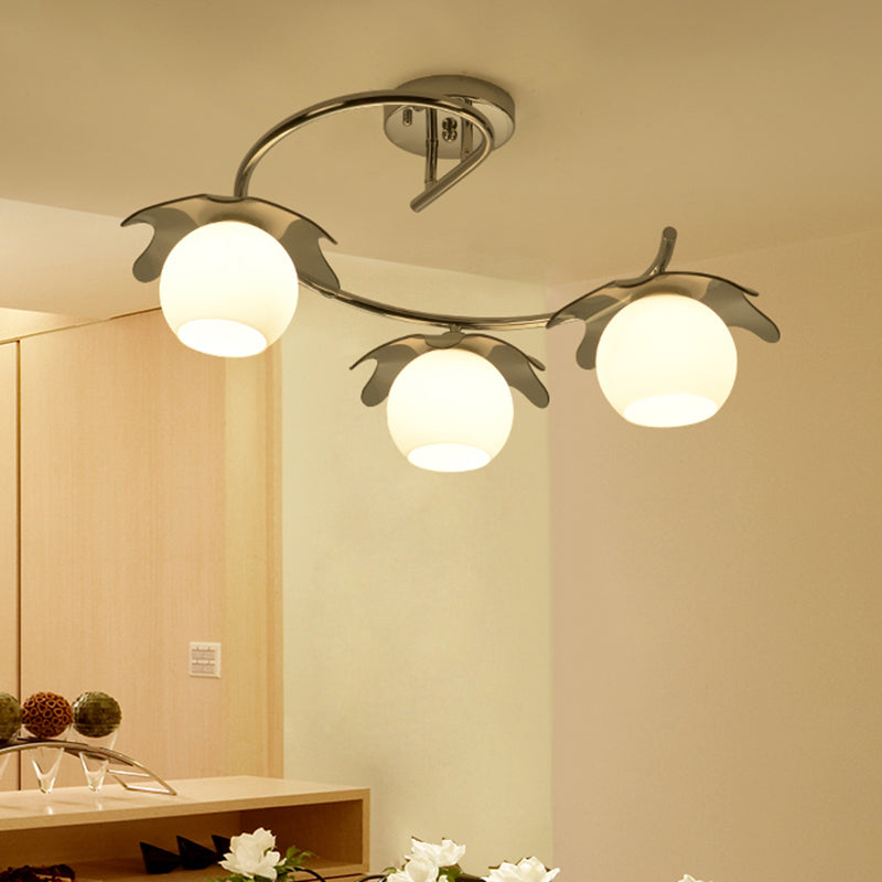 Chrome Ball Semi Flush Light Fixture Modernist 3 Lights Frosted White Glass Flush Lamp with Spiral Arm