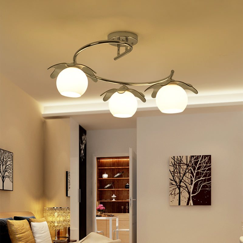 Chrome Ball Semi Flush Light Fixture Modernist 3 Lights Frosted White Glass Flush Lamp with Spiral Arm