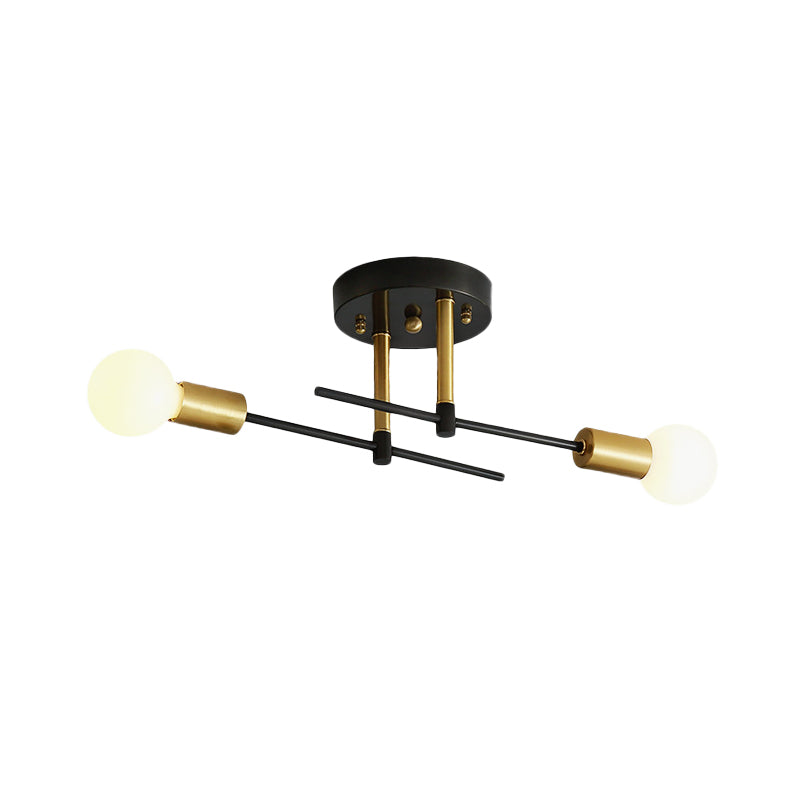 Minimalist Linear Semi Flush Mount Iron 2 Bulbs Bedroom Flush Ceiling Light Fixture in Black