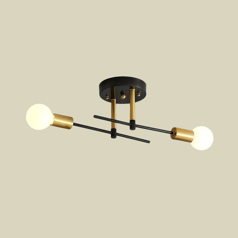 Minimalist Linear Semi Flush Mount Iron 2 Bulbs Bedroom Flush Ceiling Light Fixture in Black
