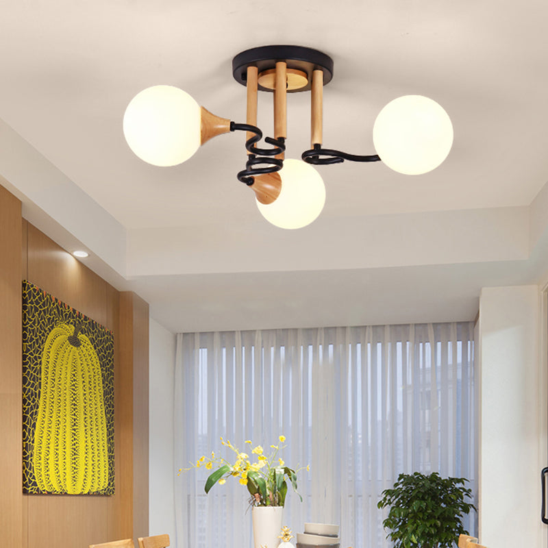 Lámpara de techo empotrada de vidrio opalino, modernismo, lámpara de techo empotrada de vidrio opalino de 3/6 luces, esfera negra y madera