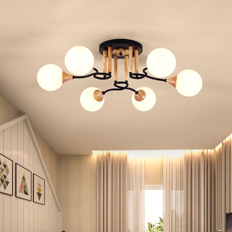 Lámpara de techo empotrada de vidrio opalino, modernismo, lámpara de techo empotrada de vidrio opalino de 3/6 luces, esfera negra y madera