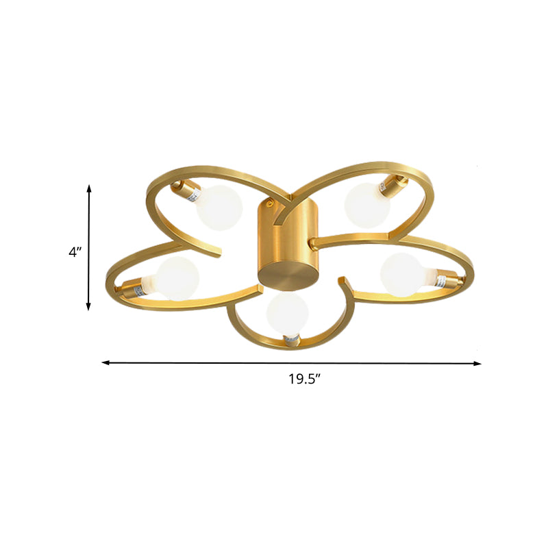Modern Flower Semi Flush Mount Metallic 5/6-Head Bedroom Close to Ceiling Lighting in Gold