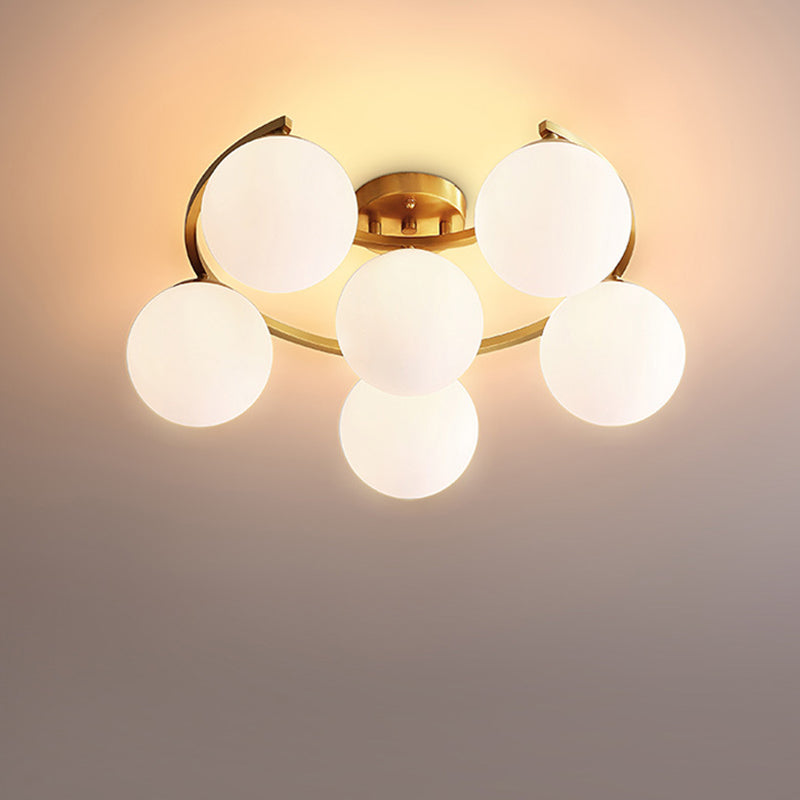 Gold Ball Semi Flushmount Modernist 3/6/8-Light Cream Glass LED Flush Mounted Lamp with Moon Design