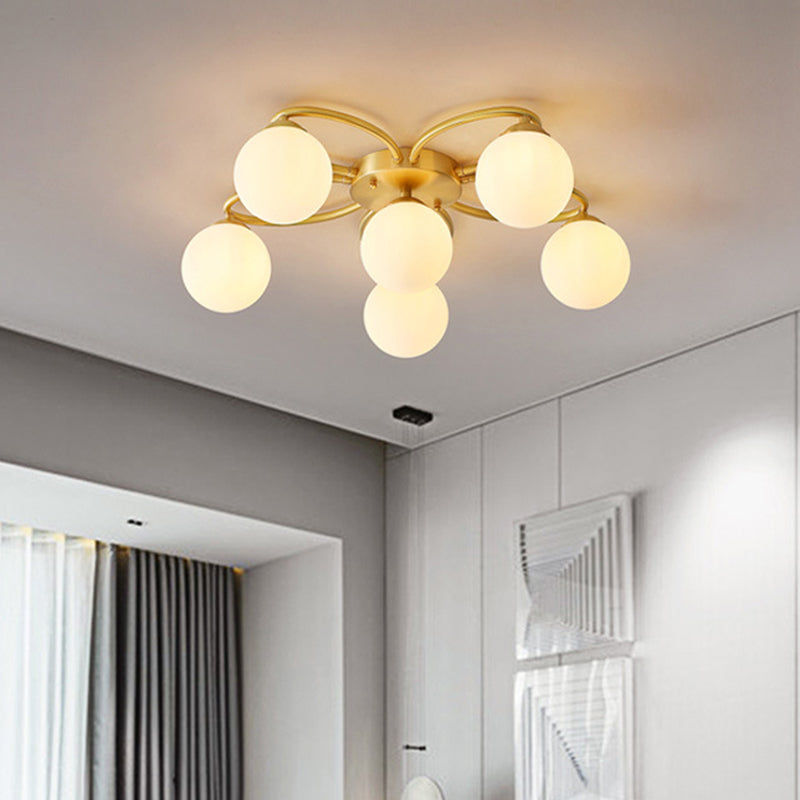 Orb Bedroom Semi Flush Light Opal Verre 6 Heads Modernisme Ligne de plafond Flush en or avec conception de fleurs