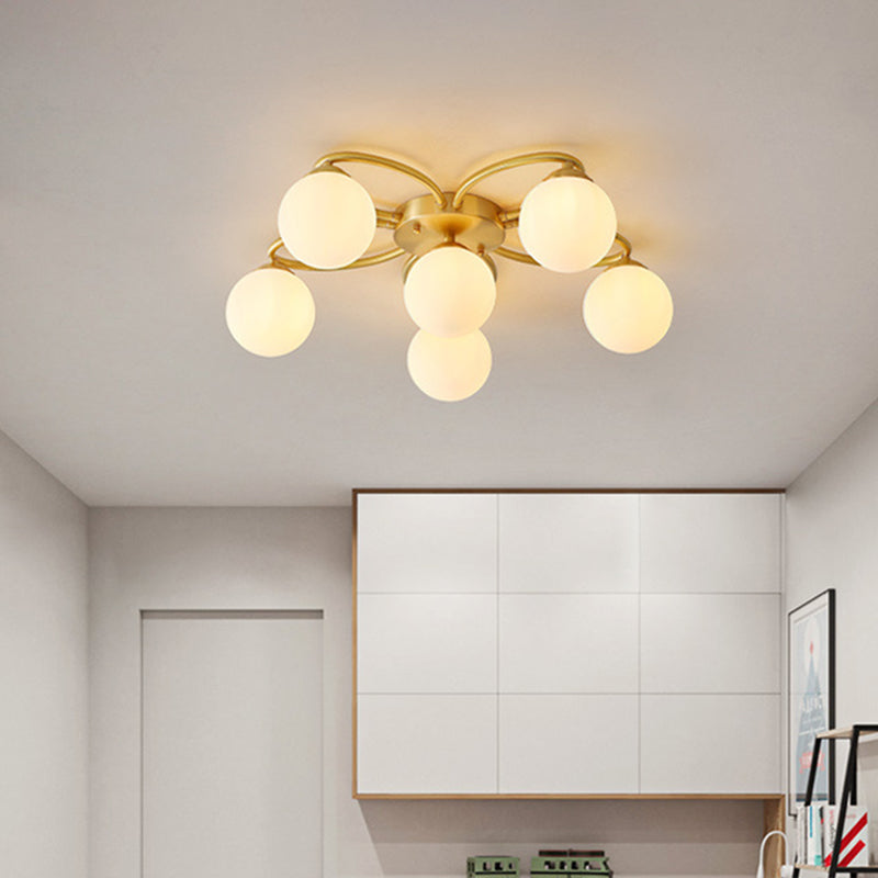 Orb Bedroom Semi Flush Light Opal Verre 6 Heads Modernisme Ligne de plafond Flush en or avec conception de fleurs