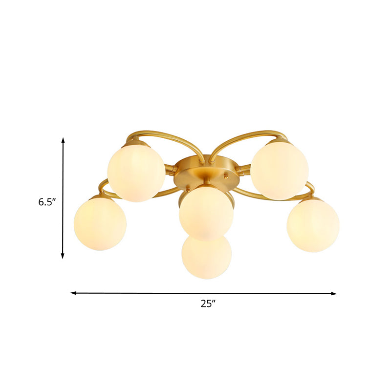 Orb Bedroom Semi Flush Light Opal Verre 6 Heads Modernisme Ligne de plafond Flush en or avec conception de fleurs