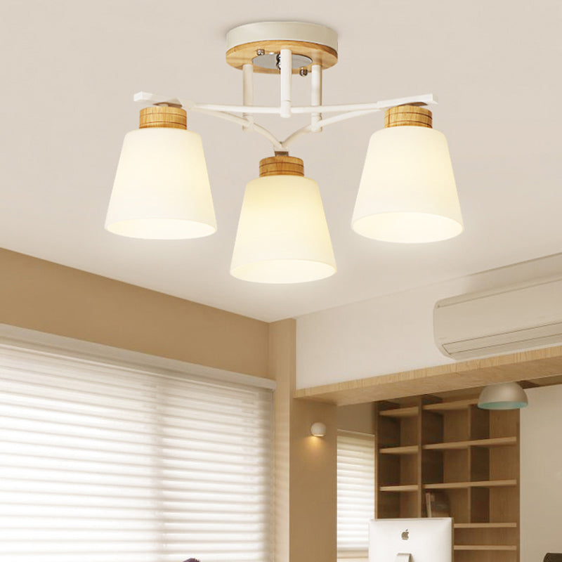 Barril de madera blanca Semi Flush Monteed Modernismo 3/5 Cabezas Vidrio crema cerca de la lámpara de techo