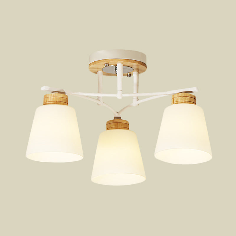 Barril de madera blanca Semi Flush Monteed Modernismo 3/5 Cabezas Vidrio crema cerca de la lámpara de techo
