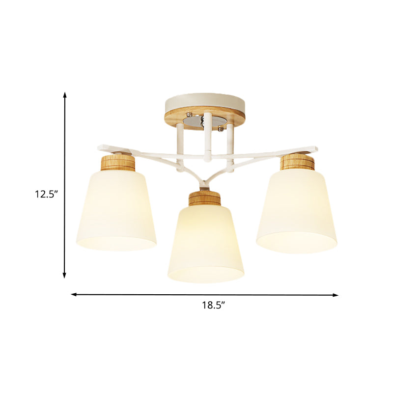 Barril de madera blanca Semi Flush Monteed Modernismo 3/5 Cabezas Vidrio crema cerca de la lámpara de techo