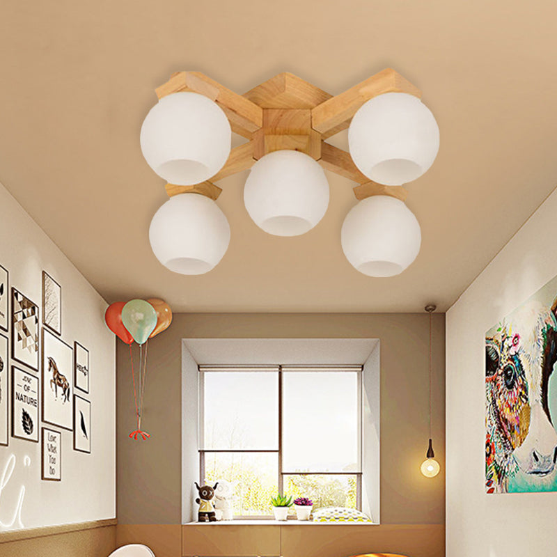 Wood Global Semi Inbouw Aziatische 5 Lampen Wit Matglas Plafondlamp