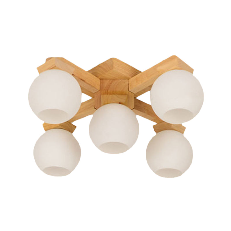 Wood Global Semi Inbouw Aziatische 5 Lampen Wit Matglas Plafondlamp