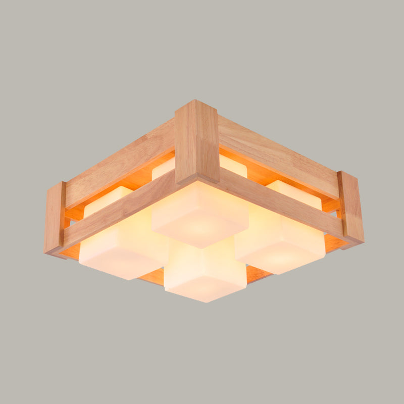 White Glass Square Flushmount Light Modern Asia 4-Light Wood LED Flush Lamp for Living Room