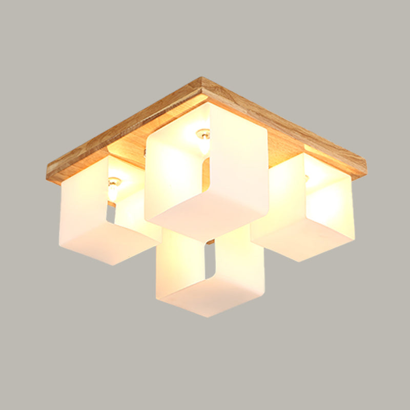Cube Frame Flush Mount Fixture Japanese White Glass 4-Head Wood LED Flush Ceiling Lighting