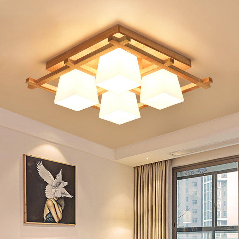 Weißes Glas Trapezoid Flush Licht Japanische 4/6-Birne Deckenbefestigung mit Holzgitter-Rahmen