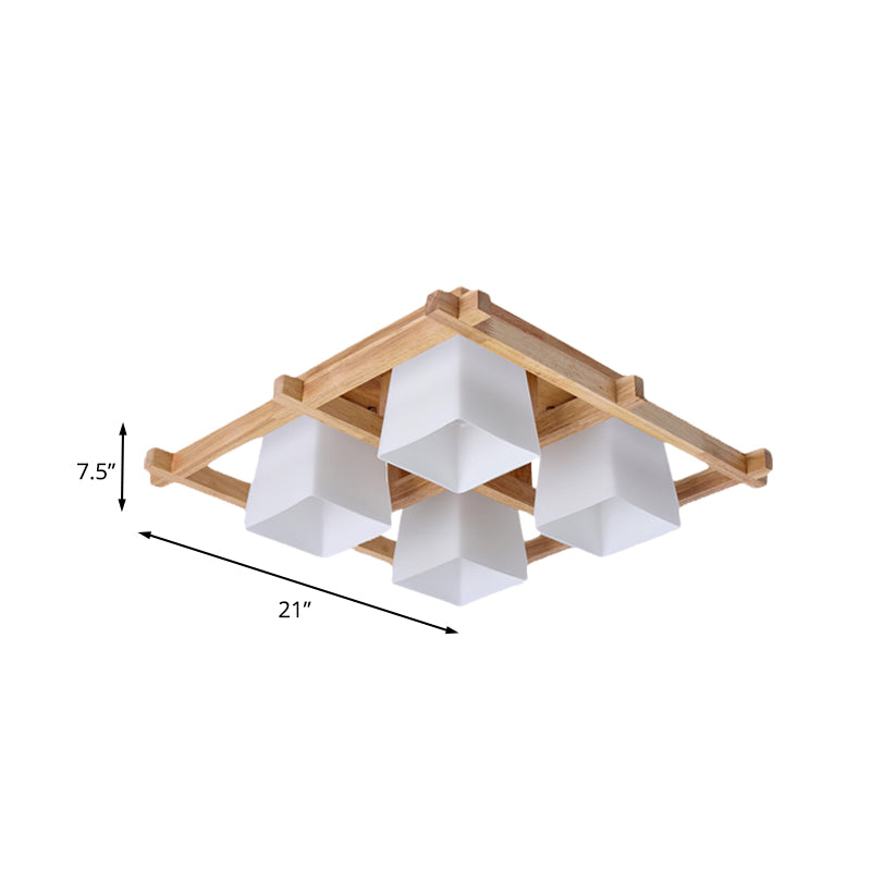 Weißes Glas Trapezoid Flush Licht Japanische 4/6-Birne Deckenbefestigung mit Holzgitter-Rahmen