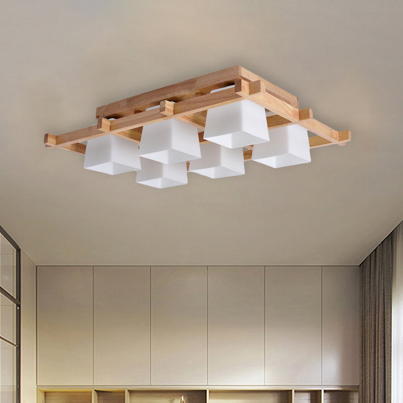 Weißes Glas Trapezoid Flush Licht Japanische 4/6-Birne Deckenbefestigung mit Holzgitter-Rahmen