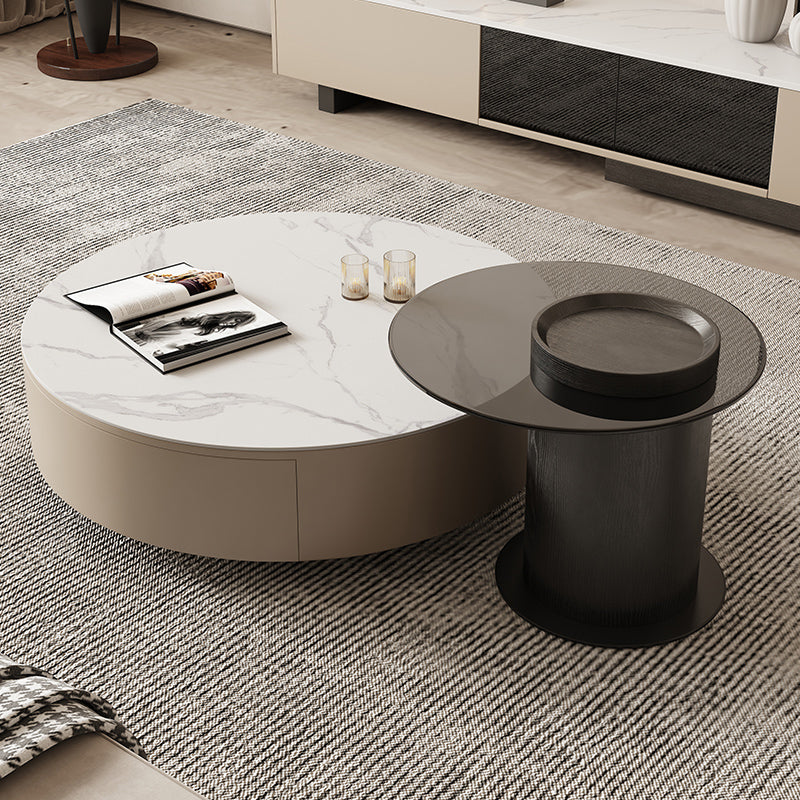 Round White Coffee Table Slate Coffee Table with Storage Drawers