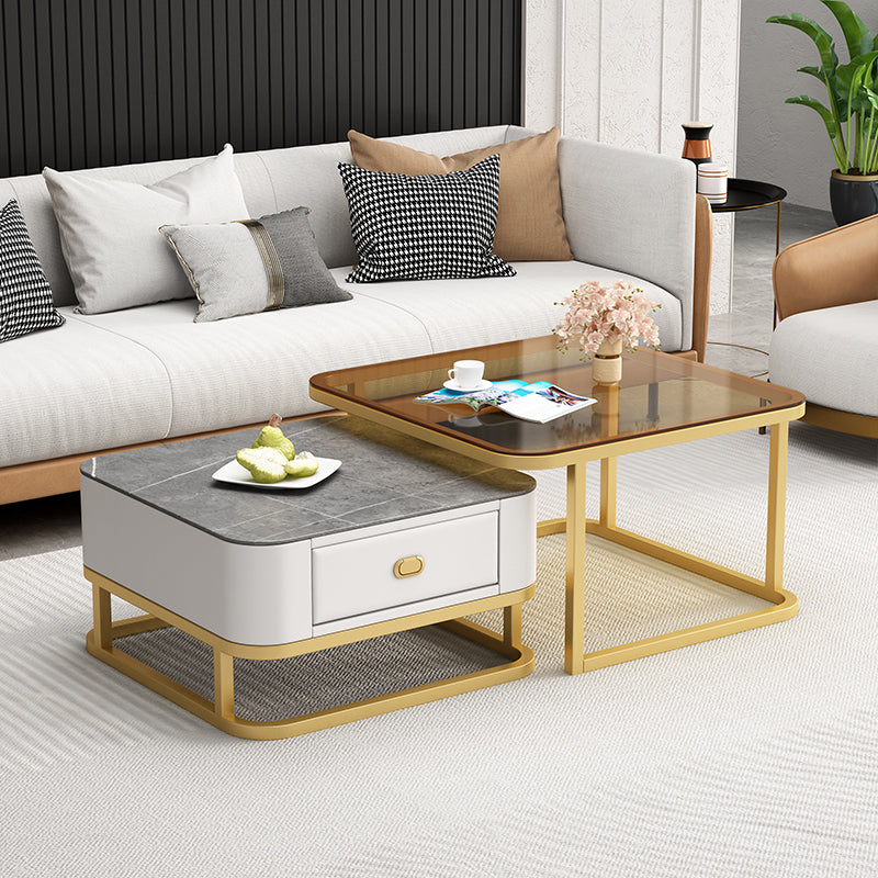 Square Coffee Table Frame Glass Top Coffee Table with Metal Legs