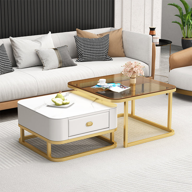 Square Coffee Table Frame Glass Top Coffee Table with Metal Legs