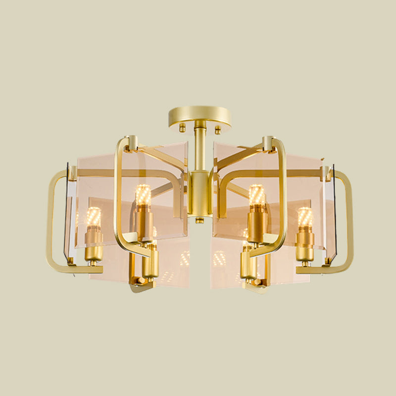 Gold Rechteck Panel Halbflush Licht Moderne 6 Lampen Bräune Glas Flush -Lampe mit Trommeldesign