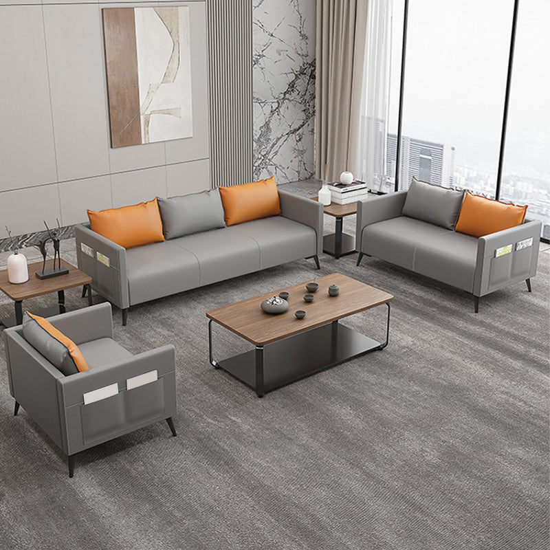 Leather Grey Sofa Stationary Square Arm Seating for Living Room