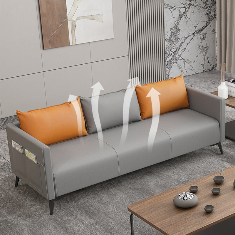 Leather Grey Sofa Stationary Square Arm Seating for Living Room