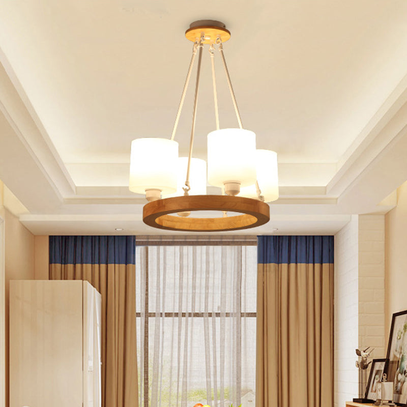 Weißer Glaszylinder Kronleuchter Licht moderne 4/6/8-Licht-Holzhänge-Anhängerlampe mit Ringdesign