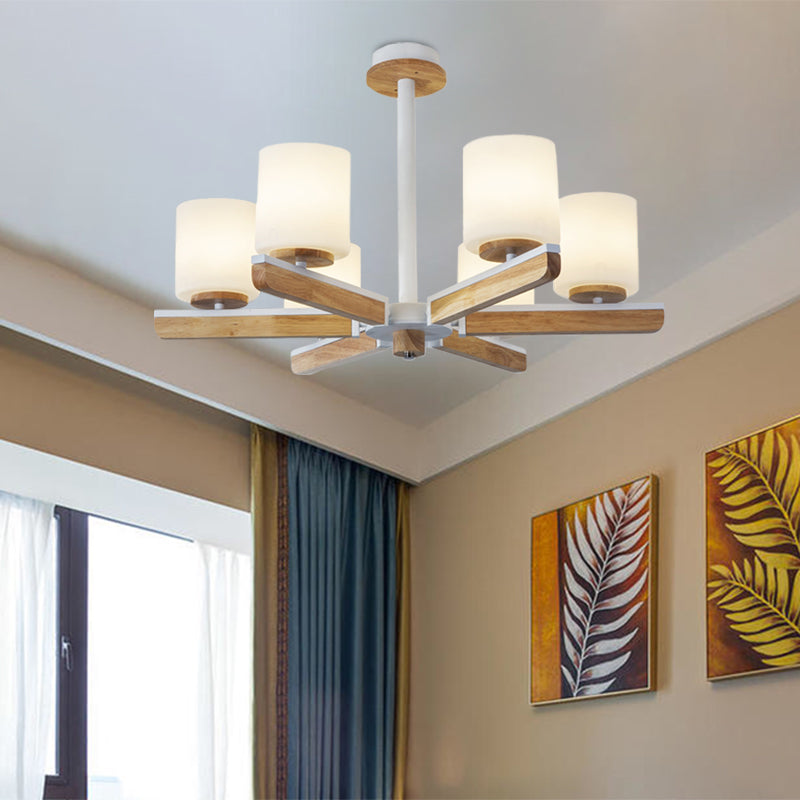 Cylindre moderniste Chandelier blanc givré en verre givré de 6 couches Pendential radial en bois