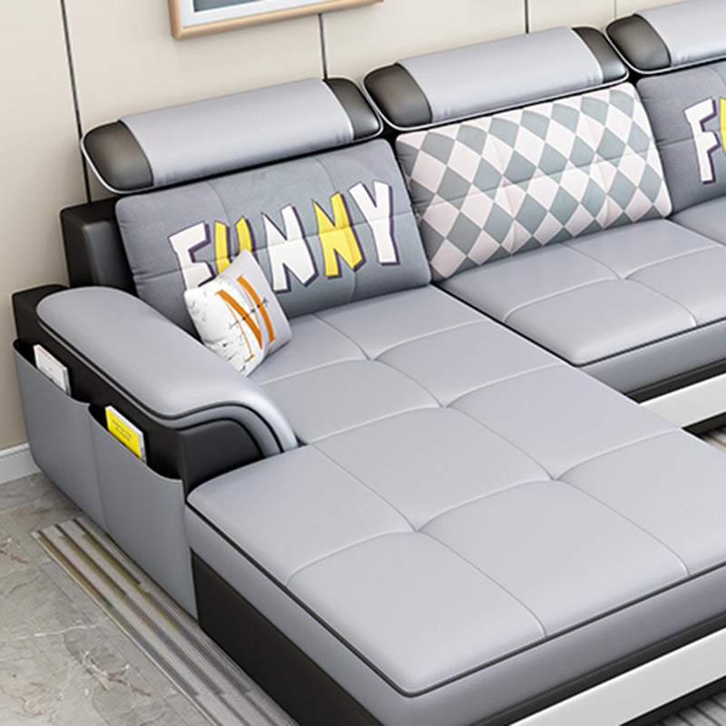 Scandinavian Faux Leather Sectional Sofas Grey L-Shape Modular Sleeper Sectional