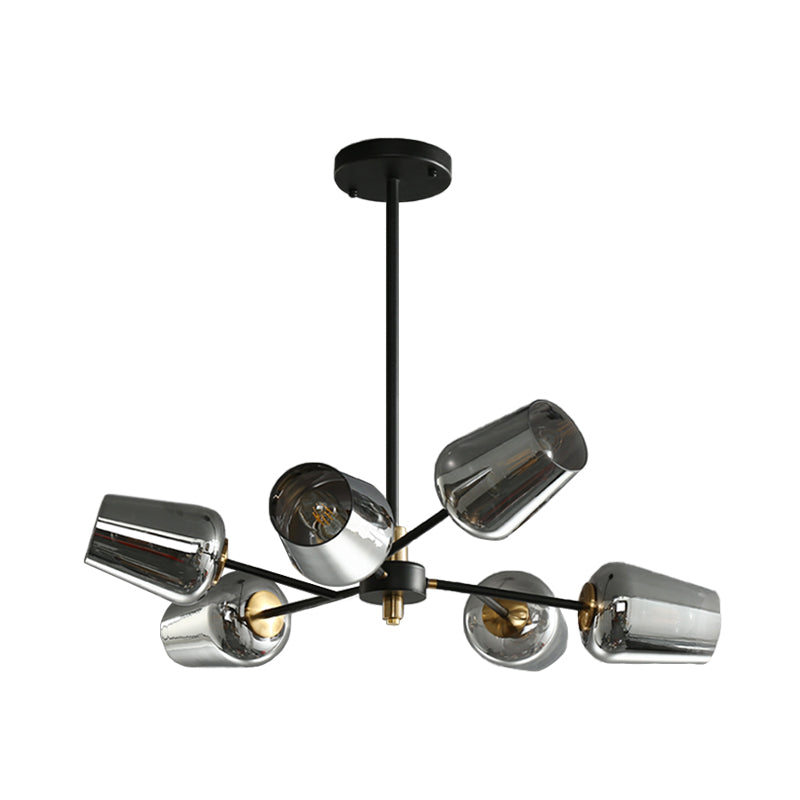 Moderne Tasse geformte Kronleuchterbeleuchtung klar/rauchgraues Glas 6/9 Lichter Schlafzimmer Radialhängung Lampe in Schwarz