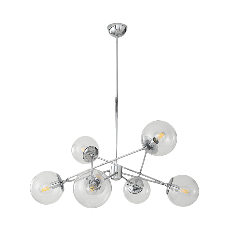 6 têtes de chambre à coucher lustre moderne chromée suspendue plafond plafonnier avec une teinte en verre transparent orbe