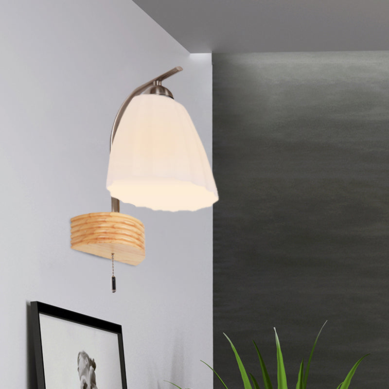 Milk Ribbed Glass Flared Sconce Light Fixture Modern 1 Head Wall Lamp with Pull Chain and Wood Backplate