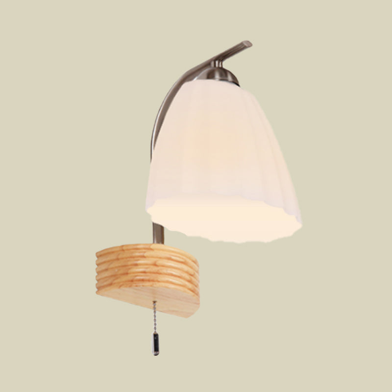 Milk Ribbed Glass Flared Sconce Light Fixture Modern 1 Head Wall Lamp with Pull Chain and Wood Backplate
