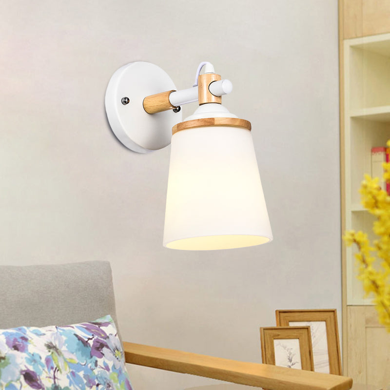 Modernist 1 Head Wall Sconce Light Barrel White/Black and Wood Wall Lamp Fixture with Cream Glass Shade