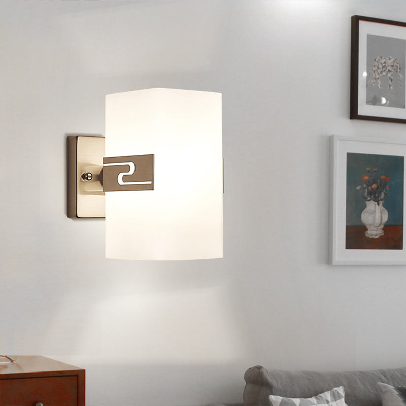 Nickel Cuboid Wall Mounted Light Modern 1-Light White Glass Sconce Lamp for Corridor
