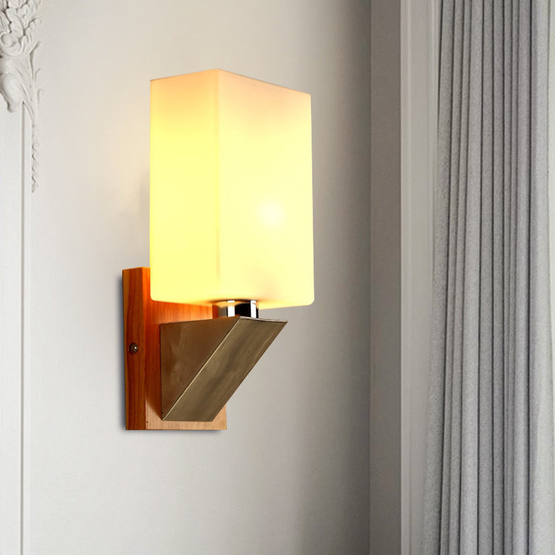 Cuboid Sconce Lighting Modernist White Frosted Glass 1 Head Wood Wall Lamp with Triangle Metal Base
