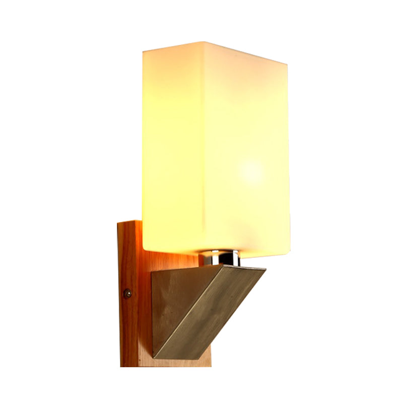 Cuboid Sconce Lighting Modernist White Frosted Glass 1 Head Wood Wall Lamp with Triangle Metal Base