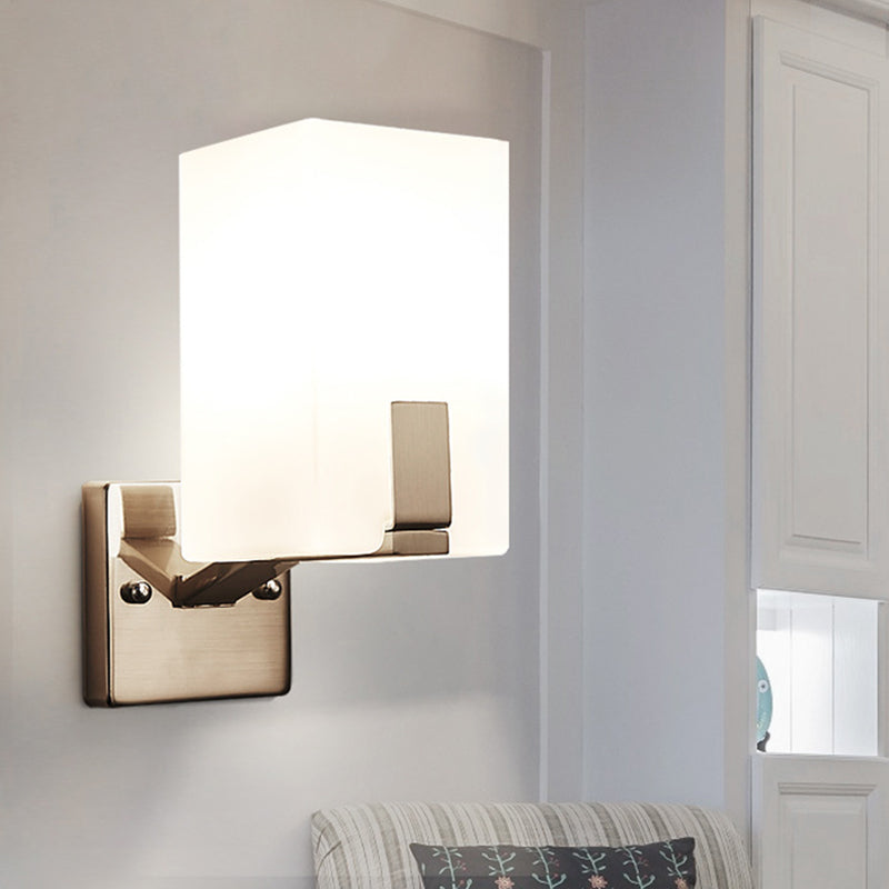 White Frosted Glass Cuboid Wall Light Sconce Modernism 1 Light Wall Mounted Lamp in Nickel