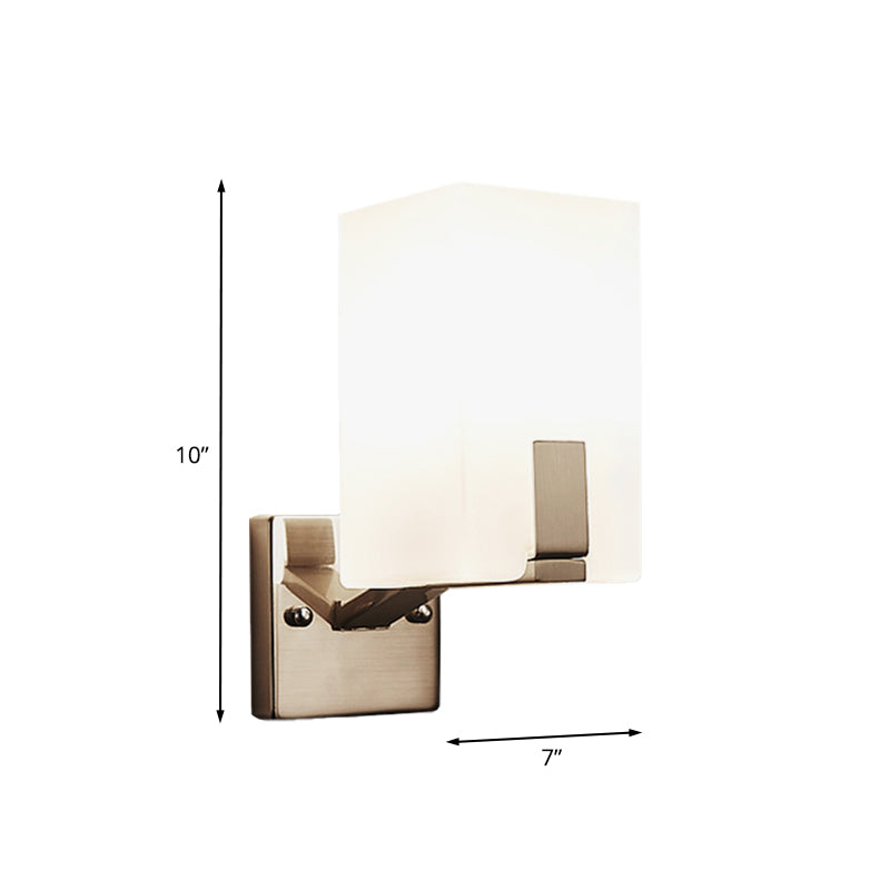 White Frosted Glass Cuboid Wall Light Sconce Modernism 1 Light Wall Mounted Lamp in Nickel