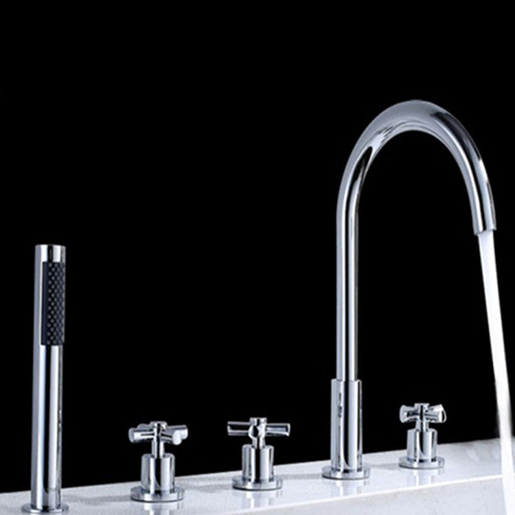 Contemporary Bathroom Faucet Deck Mounted Copper Low Arc Swivel Roman Tub Faucet Set