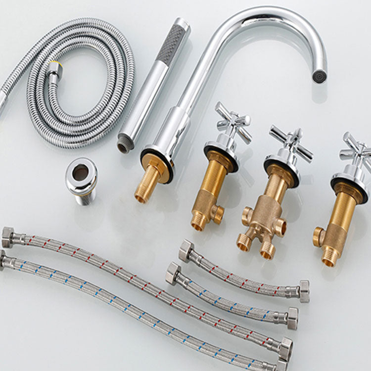 Contemporary Bathroom Faucet Deck Mounted Copper Low Arc Swivel Roman Tub Faucet Set