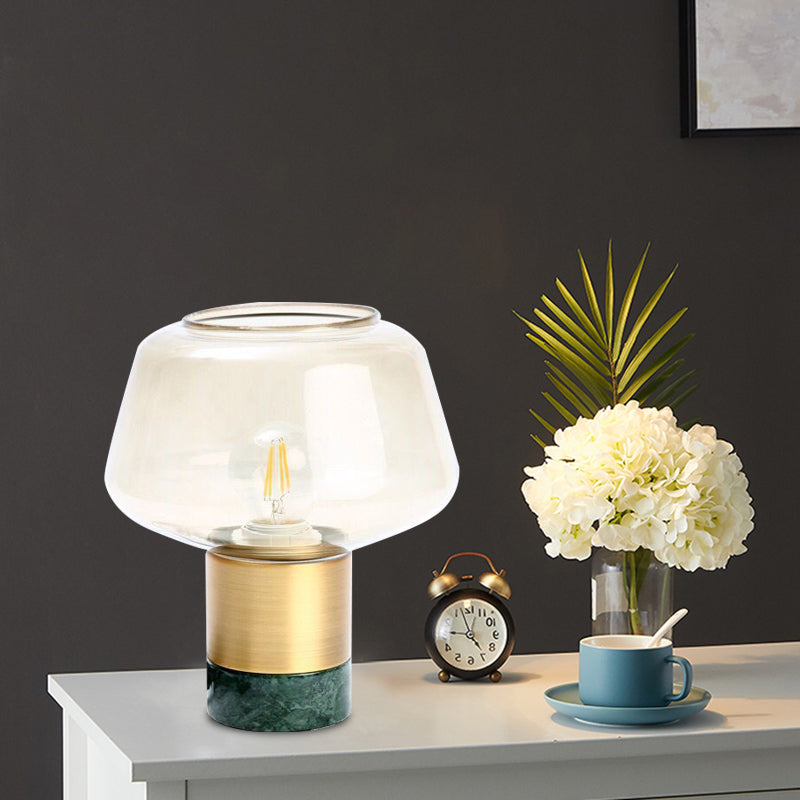 Open-Top Clear Glass Night Light Modern 1 Head Gold Plug In Table Lamp with Round White/Green Marble Base