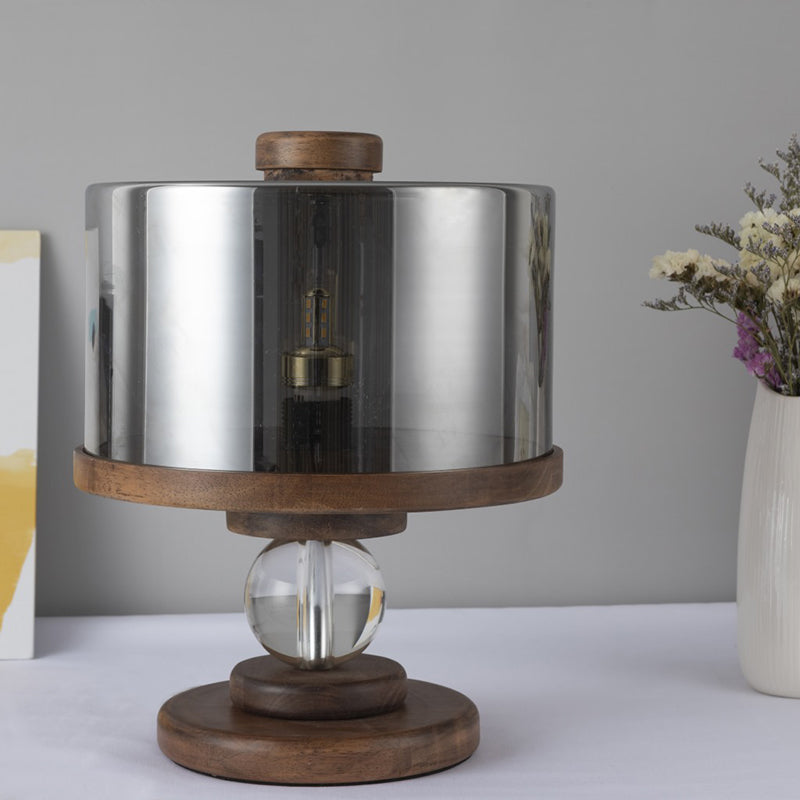 Black Glass Drum Table Lighting Modern Single Light Brown Wood Night Lamp for Living Room
