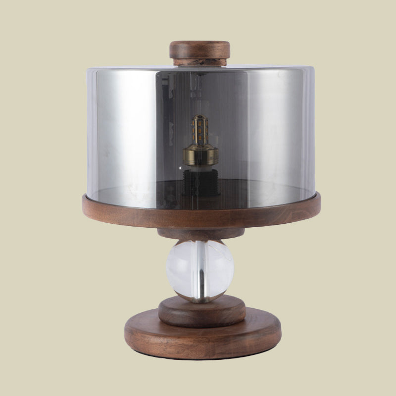 Black Glass Drum Table Lighting Modern Single Light Brown Wood Night Lamp for Living Room