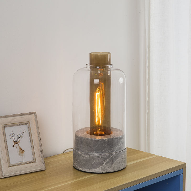 Jar Shaped Clear Glass Table Lamp Modern 1 Light Grey Night Lighting with Marble Base